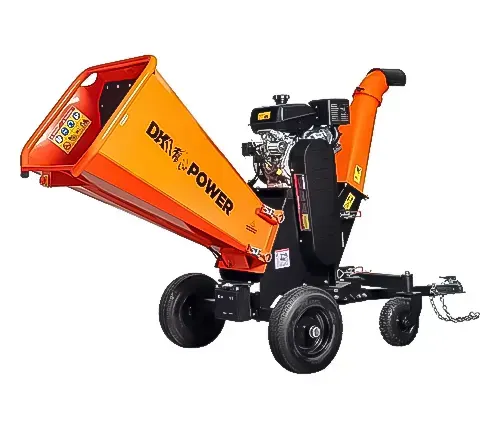 Orange and black DK2 Power gas-powered wood chipper with electric start and pneumatic tires