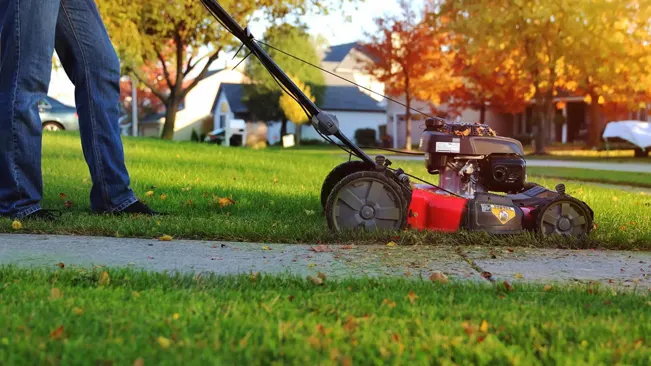 Person mowing a lawn scattered with fallen leaves