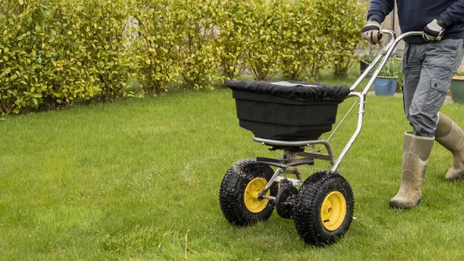 Person using a fertilizer spreader on a lawn
