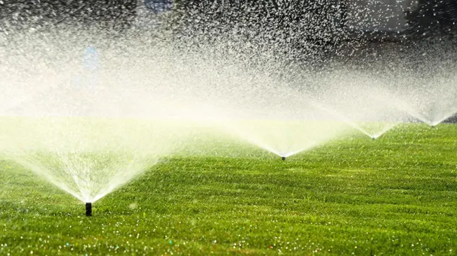 Sprinklers watering a lush green lawn.