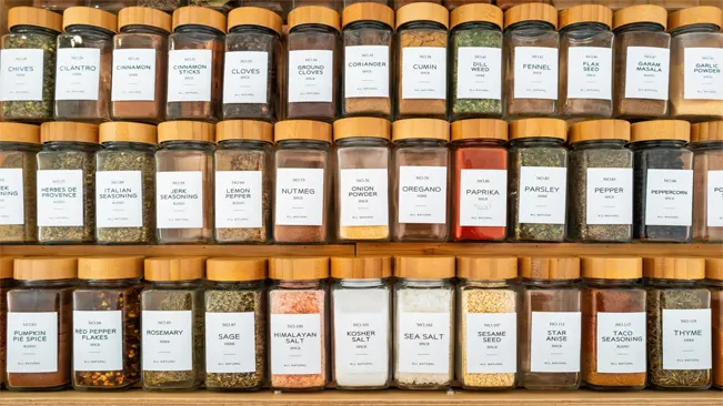 A close-up of a wooden spice rack filled with various colorful spice jars