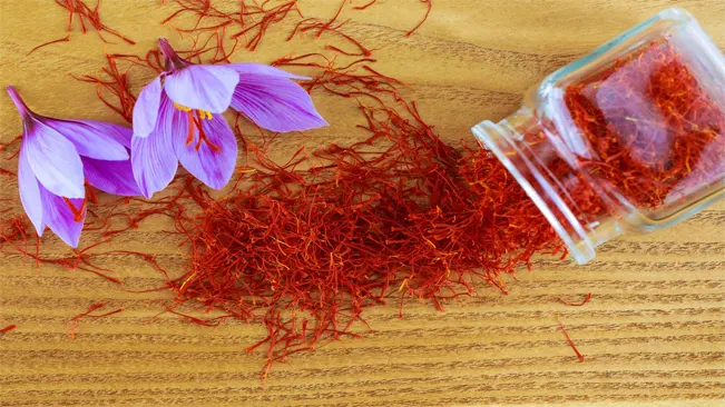 A glass jar filled with saffron threads on a wooden table, with purple crocus flowers next to it. Saffron is a spice derived from the stigmas of the crocus flower.

