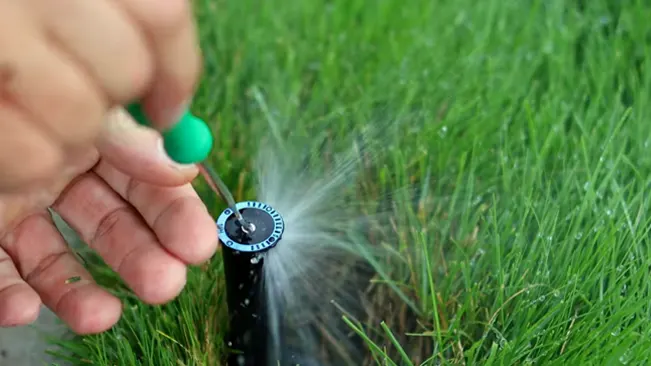 Person adjusting a sprinkler on green grass.