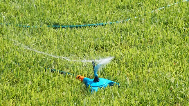 Lawn sprinkler watering lush green grass