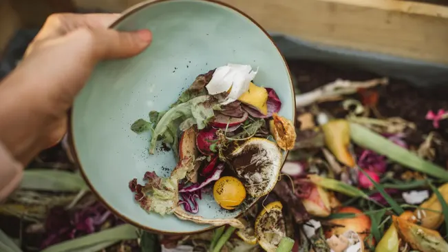 a hand holding a bowl of food scraps over a compost pile.