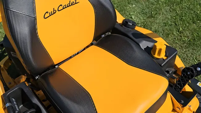 Cub Cadet’ riding lawnmower seat outdoors.