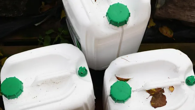 Used white plastic containers with green lids placed outdoors