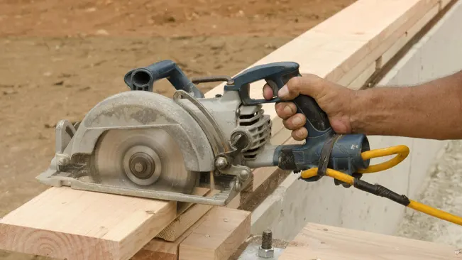 Person using a circular saw to cut a wooden plank