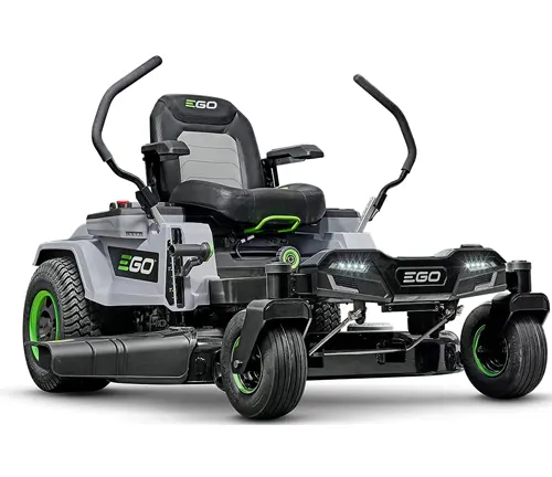 EGO zero-turn riding lawnmower with black and green design