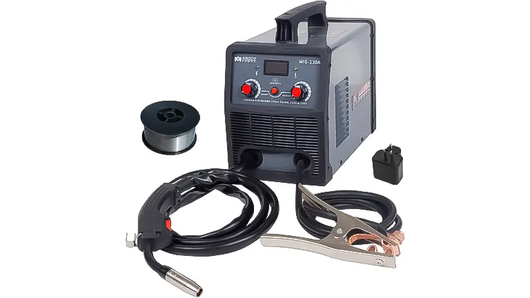 Riland 130A welder machine with accessories: grey and black machine with red knobs, digital display, cables, spool of welding wire, and welding clamps