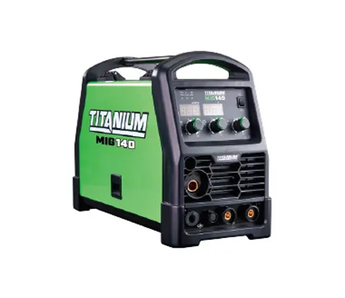 Titanium MIG 140 welding machine with a green casing, control panel, and black dials.