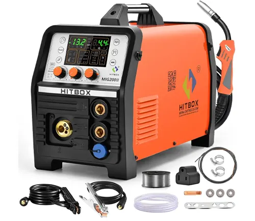 An orange and black HITBOX MIG200II MIG welder with a digital display, accompanied by a welding torch, cables, and assorted accessories on a white background.





