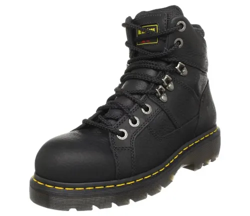 Black leather welding boot with a steel toe and distinctive yellow stitching on the sole.