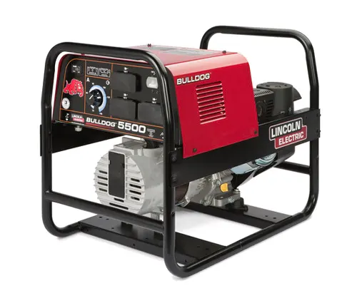 Lincoln Electric Bulldog 5500 portable AC welder generator in a protective black frame with a red cover.