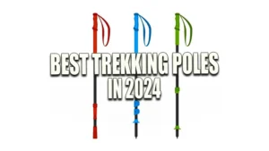 Three vector illustrations of trekking poles in red, blue, and green, with ergonomic handles and adjustable segments.