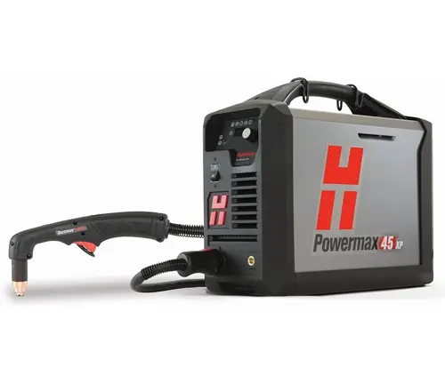 Hypertherm Powermax45 XP plasma cutter with hand torch and black and red housing.
