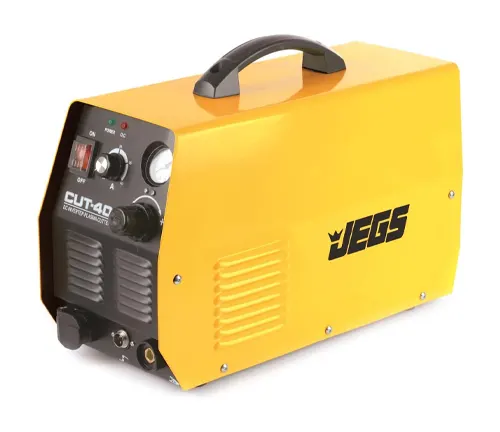 Bright yellow JEGS plasma cutter with control panel and black carrying handle.