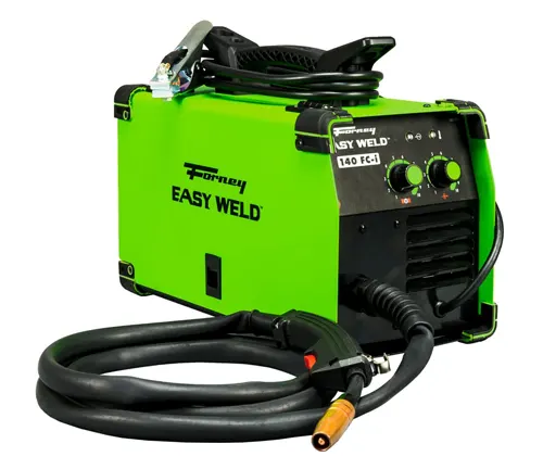 Bright green Forney Easy Weld 140 FC-I welder with a black torch and cable, and control panel visible.