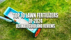A fertilizer spreader filled with granular lawn fertilizer is positioned on a well-manicured green lawn.