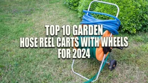 Orange hose reel cart with coiled blue hose in a green backyard garden.