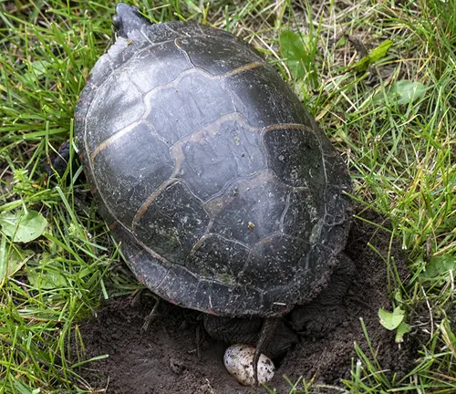 A Painted Turtle laying in the grass with its shell open.