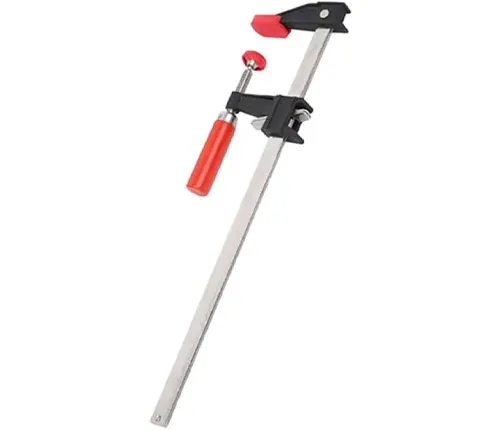 Long-bar welding clamp with a black and red trigger grip handle, listed among the best for 2024.