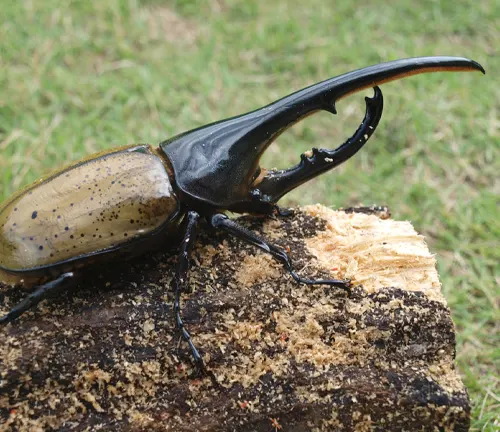 A Hercules Beetle perched on a log, showcasing its large size and distinctive long tail.