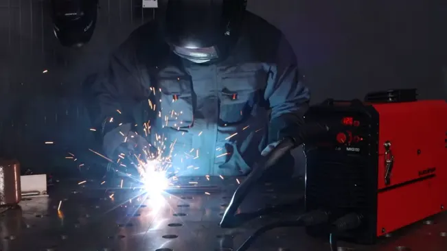 Welder in protective gear creating sparks with an ARCCAPTAIN MIG Welder.
