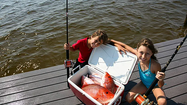 Two young anglers on a pier, one holding a fishing rod and the other opening a cooler filled with large, red fish, showcasing a successful day of fishing.
