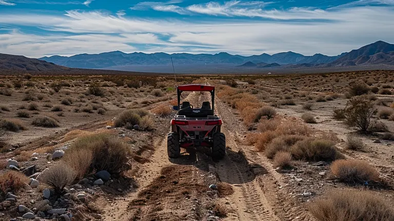 An off-road utility vehicle on a desert trail with wispy clouds above and mountain ranges in the distance.
