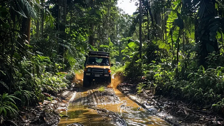 An off-road vehicle splashing through a muddy water trail in a dense, sunlit tropical rainforest.

