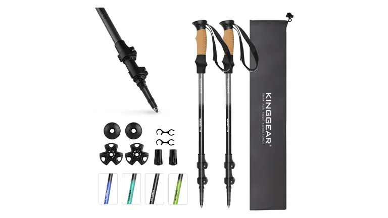 KINGGEAR adjustable trekking poles with natural cork handles and a suite of accessories including snow and mud baskets, alongside a branded carrying case, with detailed view of the pole's locking mechanism.