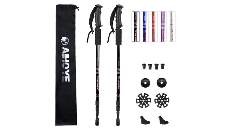 Black and red adjustable Aihoye trekking poles with ergonomic grips, alongside various accessories like baskets and tips, and a carrying case, displayed against a white background.