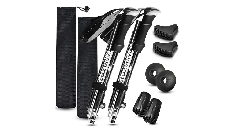 Black and silver collapsible trekking poles with printed branding, ergonomic handles, and multiple attachments, including round baskets and rubber tips, alongside a black carrying pouch.