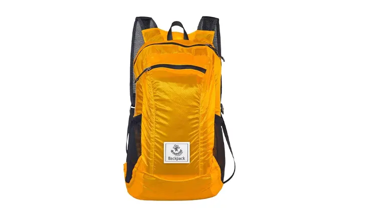 A bright yellow and black lightweight backpack with a top zippered compartment, a front storage pocket, and a logo depicting a mountain and “Backpack” text. It features mesh side pockets and adjustable shoulder straps designed for day trips or casual use.

