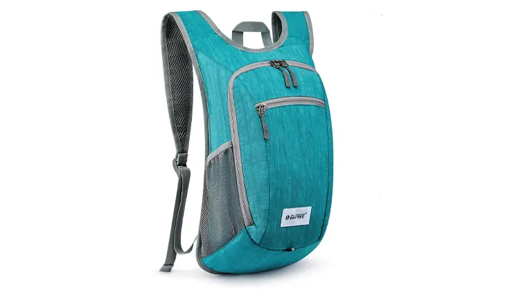 A teal backpack with a single vertical zipper compartment, side mesh pockets, and a grey padded mesh back panel, possibly designed for light day hikes or urban use. The bag features a top carry handle and a reflective brand logo on the front.