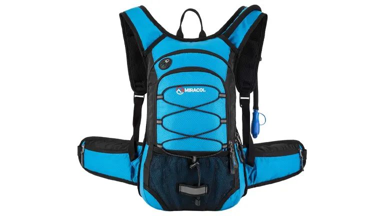 A blue and black MIRACOL hydration backpack featuring a front bungee cord, multiple storage pockets, and side hip belts. A water tube extends from the pack, indicating an integrated hydration system.

