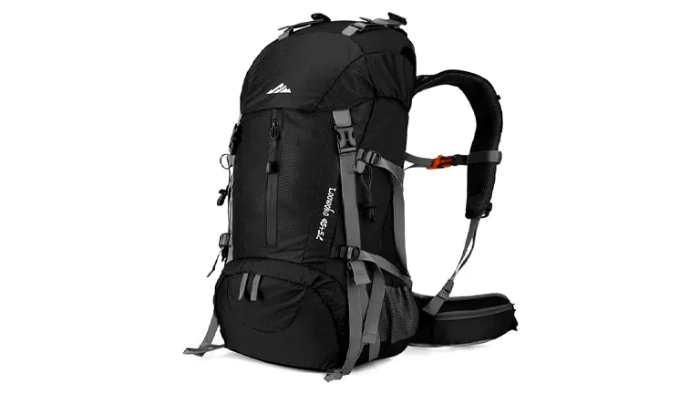 A black High Sierra Long Trail 90 hiking backpack with a hydration tube, adjustable shoulder straps, multiple compartments, and side pockets. The design is streamlined for long-distance trekking and outdoor expeditions.

