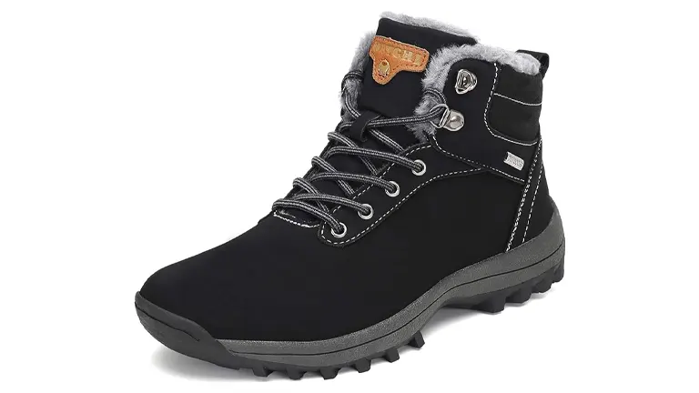 A single black winter boot with a fuzzy gray collar, detailed with metal eyelets and laces on a white background.

