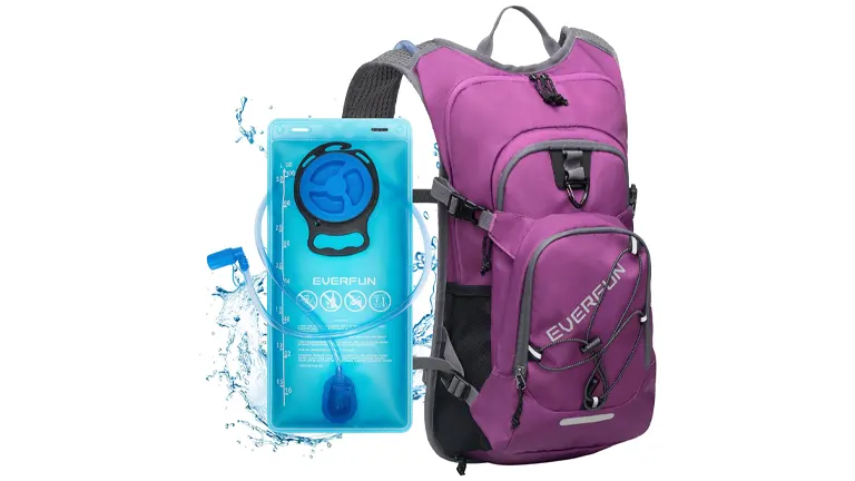A purple hydration backpack with a 3L blue water bladder to the side, featuring splash graphics to indicate waterproof capabilities. The pack has multiple storage compartments and is designed for outdoor activities.

