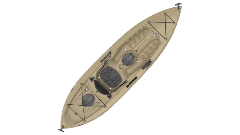 Top-down view of a tan sit-on-top recreational kayak equipped with storage compartments, bungee cords, and multiple fishing rod holders.