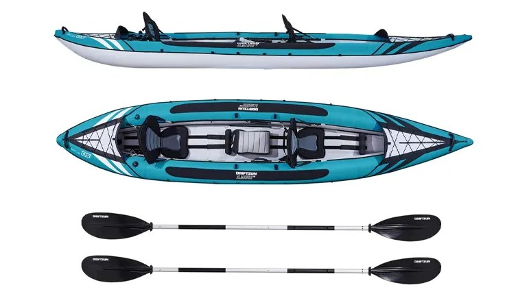 A teal and black inflatable tandem kayak with high-back seats and two aluminum oars, displayed from different angles showcasing its streamlined design and spacious seating arrangement.