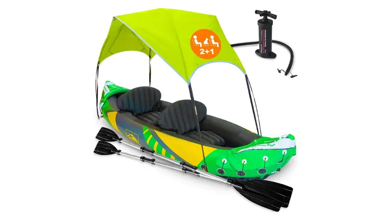 Bright green and yellow inflatable kayak with a sun canopy and room for two passengers plus a child or pet, equipped with paddles and an air pump.