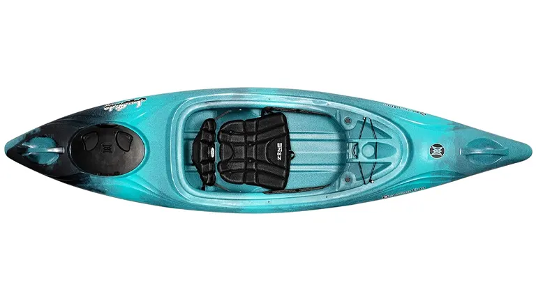 Top view of a sleek, single-person sit-inside kayak in turquoise with a black adjustable seat, storage compartments, and bungee cord gear retainers.