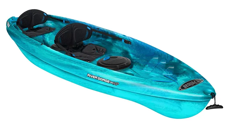 A teal tandem sit-on-top kayak with ergonomic black seats and multiple footrest positions, labeled 'River Gorge 130XP', designed for two paddlers.