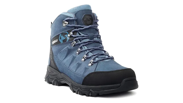 A single blue hiking boot with black and light blue accents, featuring metal eyelets and sturdy laces on a white background.

