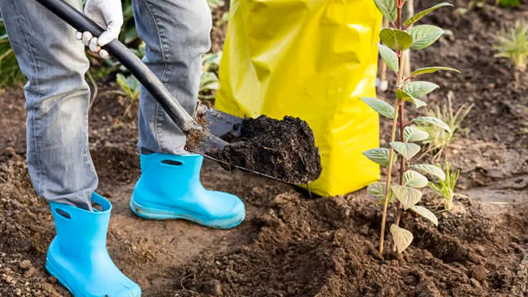 Person in blue boots using a shovel to transfer soil near a young hydrangea plant, with a yellow bag standing nearby.