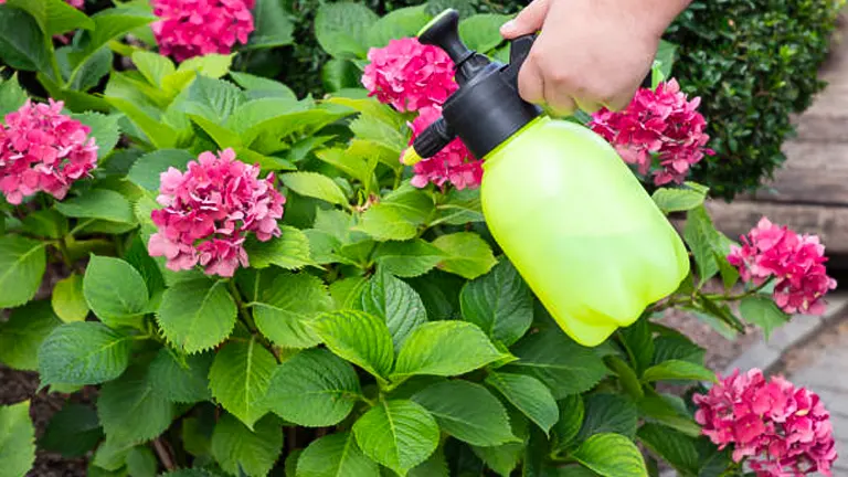 A person's hand holding a yellow spray bottle, applying treatment to pink hydrangea blooms amid lush green foliage.