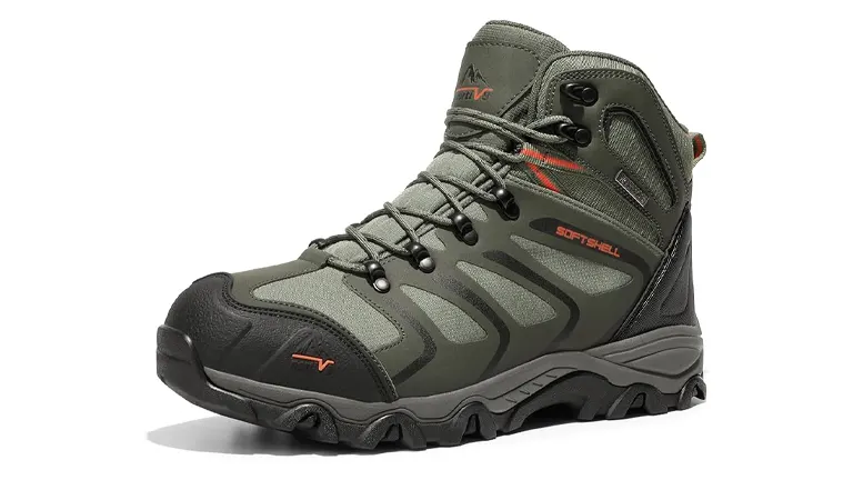 A single olive green hiking boot with orange accents and "SOFTSHELL" text, featuring a sturdy sole and lace-up front, set against a white background.
