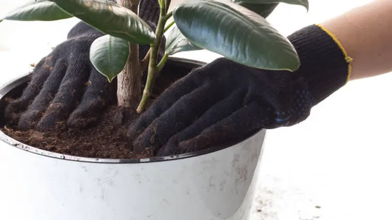 Hands in gardening gloves caring for a rubber plant in a white pot, pressing down the soil around the base of the plant.